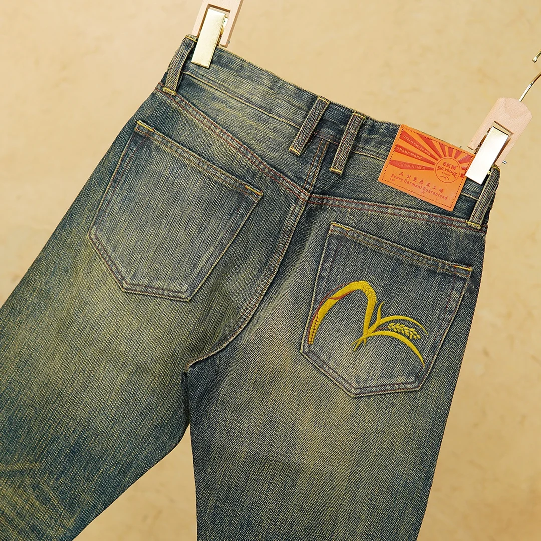 

Red Selvedge Denim 17oz Men's Heavy-Duty Retro Washed Regular Straight Jeans American Vintage Embroidered 100% Cotton Pants 5KM