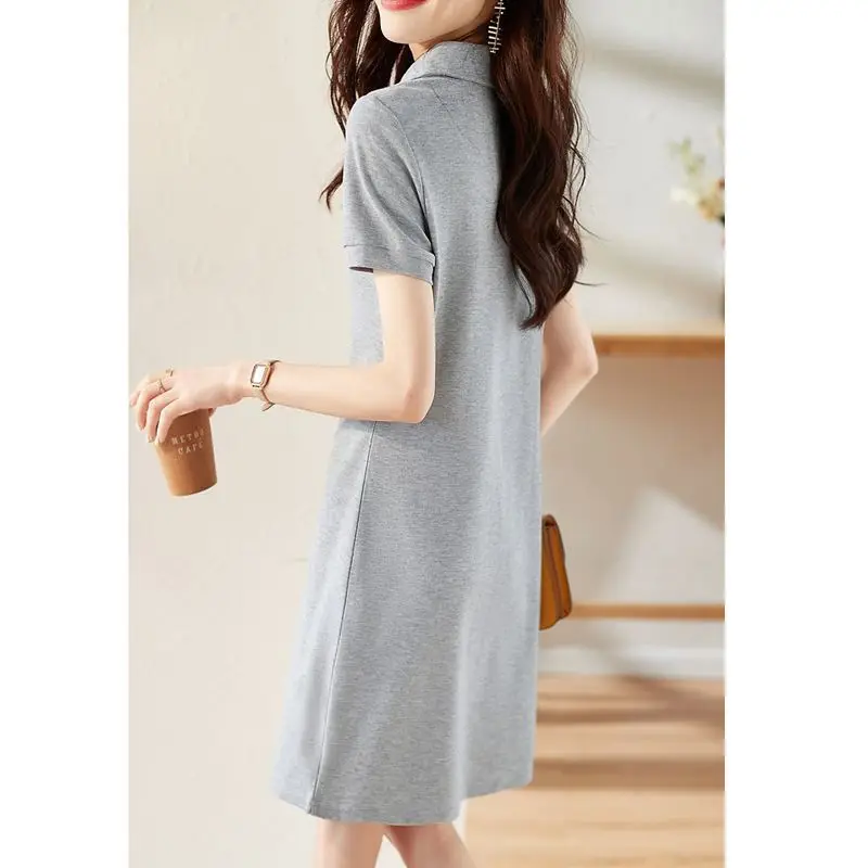 2023 Summer Trendy Gray Letter Embroidery Dresses for Women Y2K Simple Casual Polo Collar Short Sleeve Cotton T Shirt Midi Dress