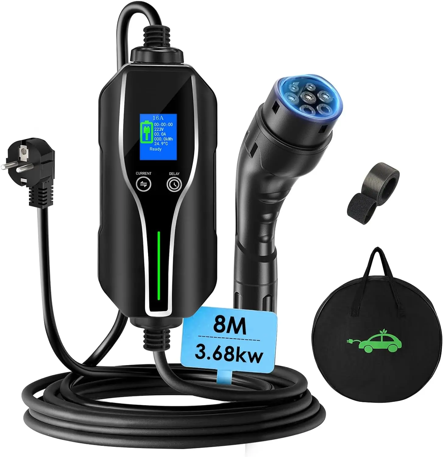 Electric Car Charger 8M Switchable Current 6-16A Type 2 Portable 3.68kw with Screen IEC 62196-2 Fast EV Charger Cable with Bag