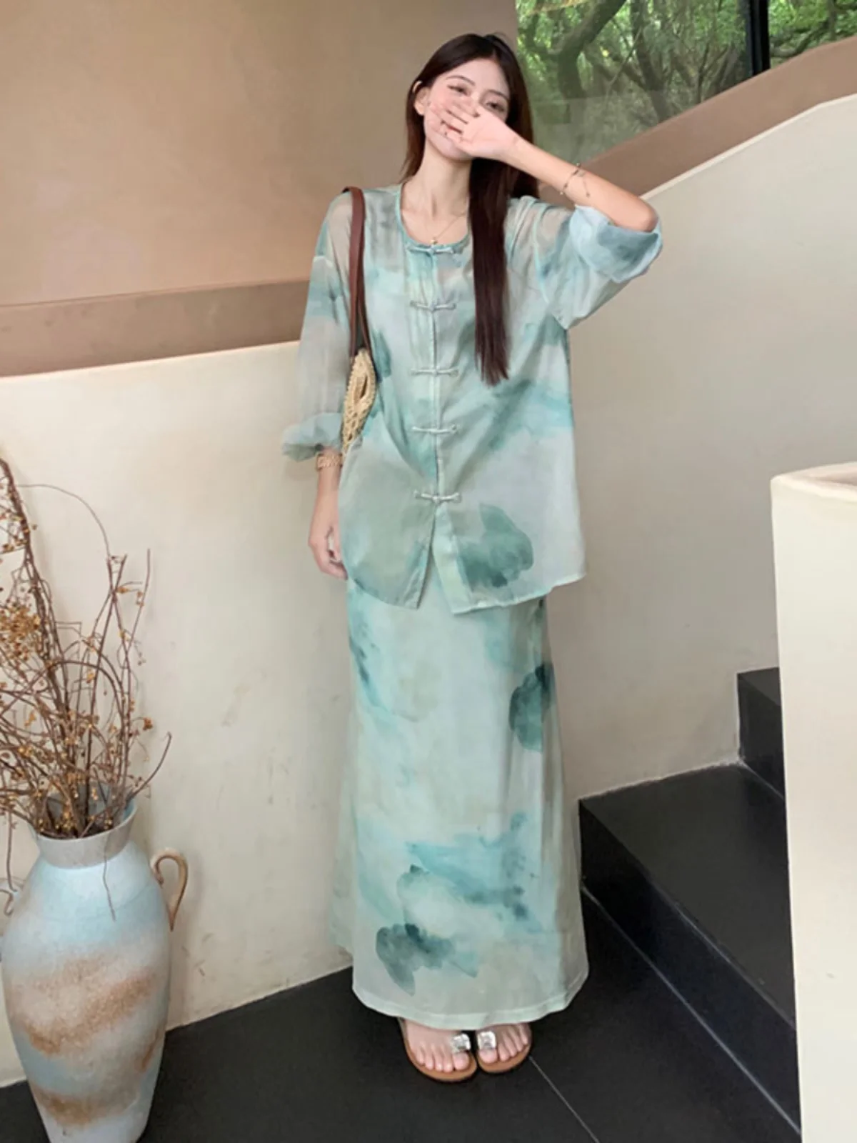 

New Chinese Zen Style Two-Piece Set Spring Fashion Net Strap Dress with Button Closure Cotton Long Sleeve round Neck Top