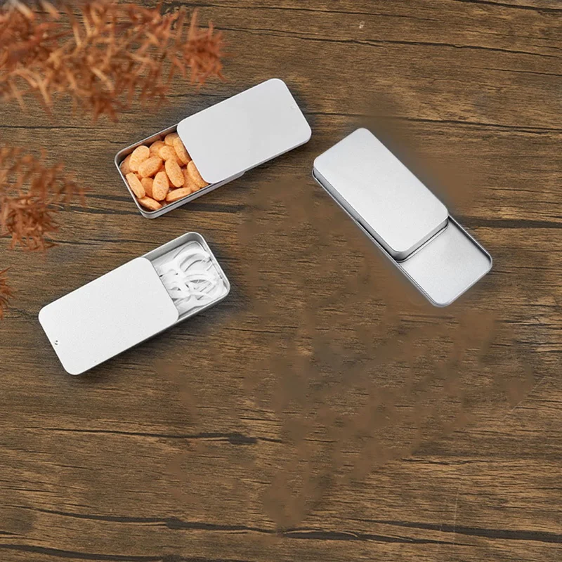 50 pçs recipientes superiores de corrediça de metal caixas de tampa deslizante retangular de metal para velas jóias artesanato 80x50x15mm