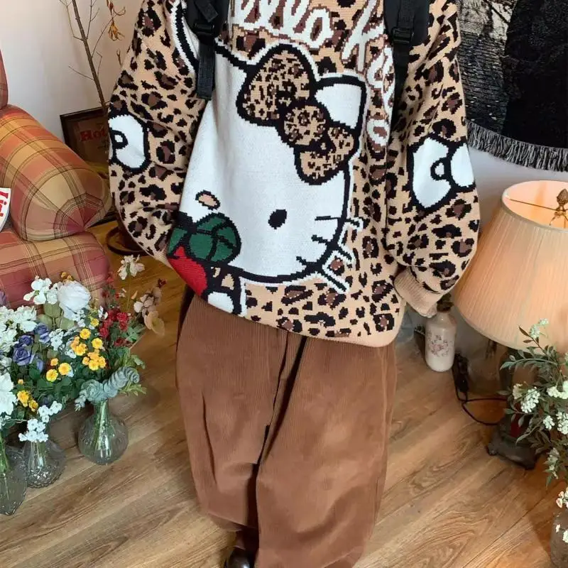 Hot Sanrio Retro Style Leopard Print Round Neck Sweater Autumn and Winter Kawaii Hello Kitty Comic Lovely Fashion Sweater Tops