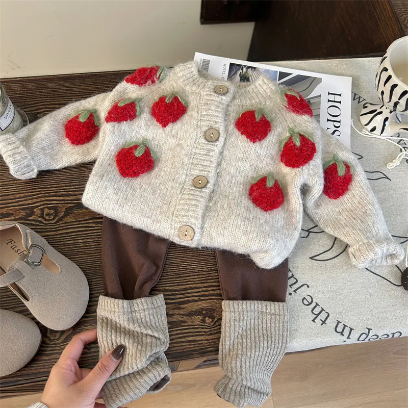 Spring Autumn Kids Girls 2PCS Clothes Set Cotton Knitted Strawberry Jacquard Coat Spliced Leggings Suit Toddler Girls Outfits