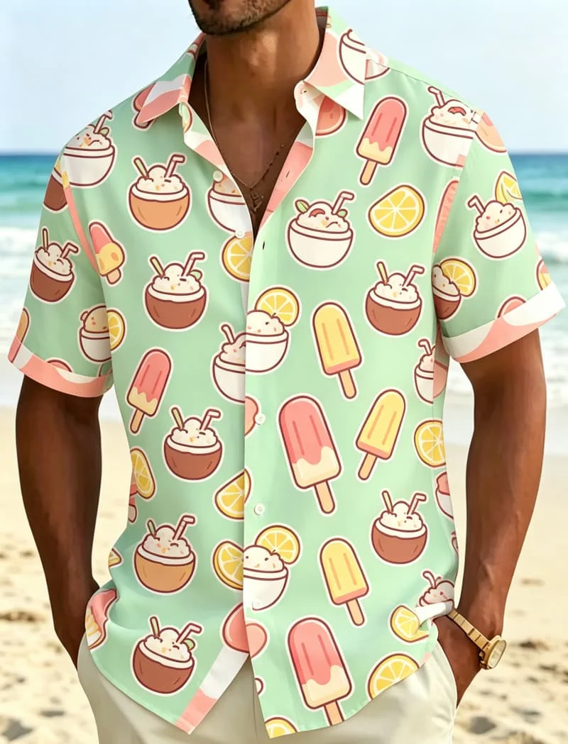Men's Short Sleeve Shirt Lapel Cartoon Coconut Ice Cream Lemon Print Button Up Casual Tropical Beach Holiday Summer Men Clothing