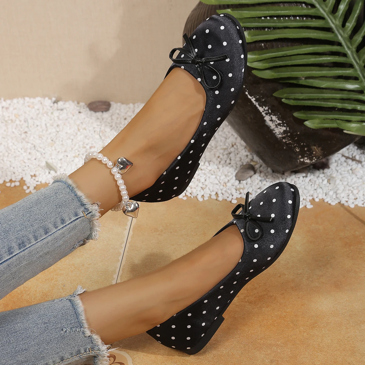 Damen-Ballerinas mit Polka-Dot-Muster und Schleife, runde Zehenpartie, Slip-On, lässige flache Schuhe – Detail 22