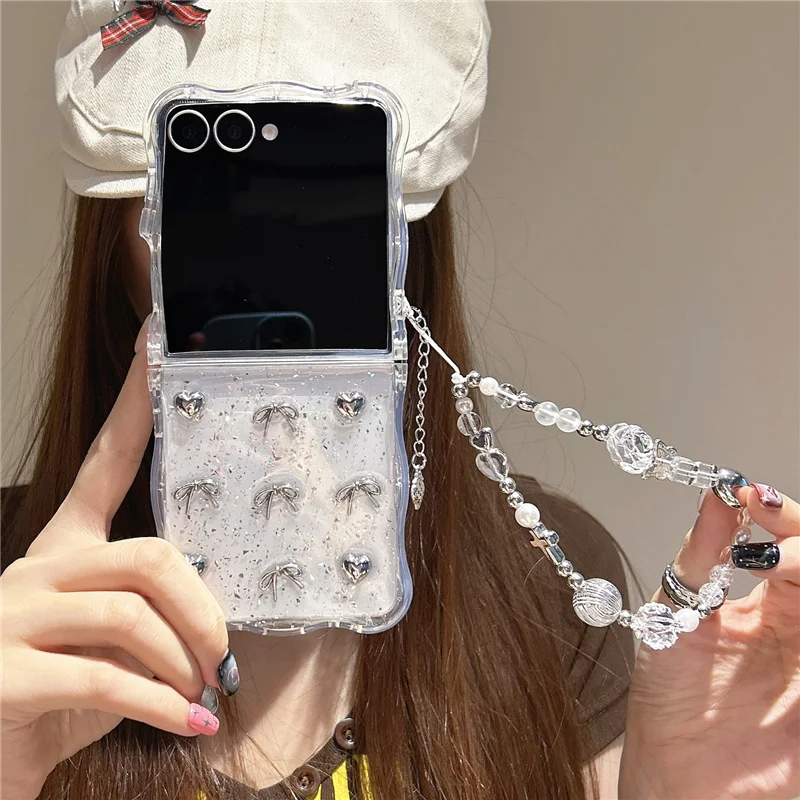 Funda de teléfono ondulada con lazo bonito transparente para Samsung Z Flip 7 6 5 4 3 Flip6 Funda con cadena Kawaii para Galaxy ZFlip7 Flip5 Funda