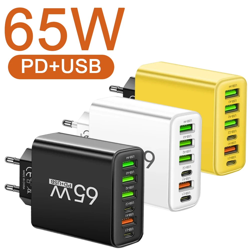 65W PD USB Charger Type C Fast Charging Mobile Phone Wall Charger For iPhone 17 Xiaomi Samsung Huawei Oneplus EU/US Plug Adapter