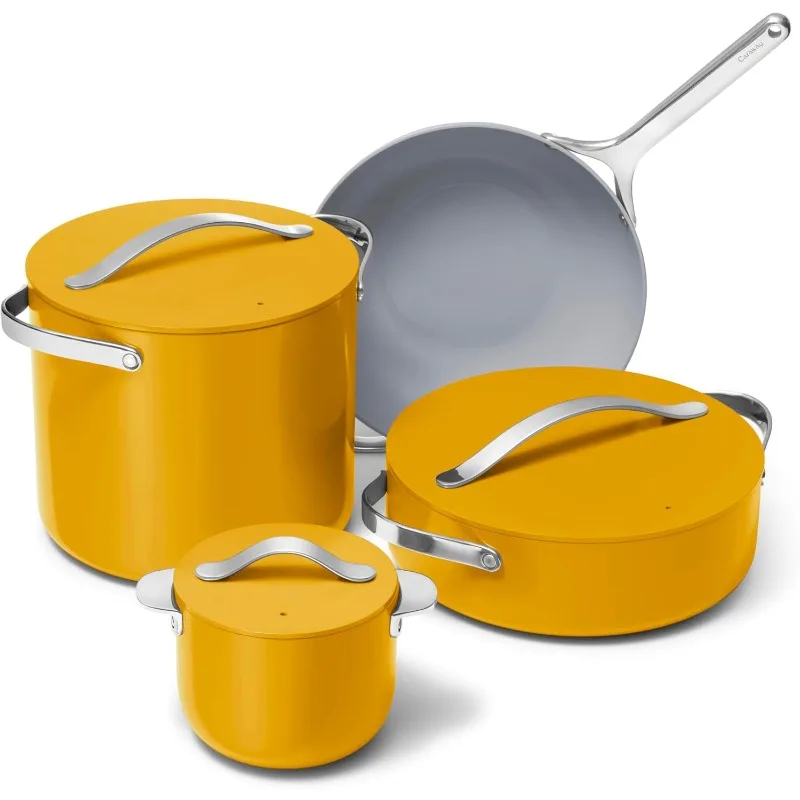 Caraway Cookware+ Collection - Specialty Cookware Set - Petite Cooker, Stir Fry Pan, Rondeau, & Stock Pot - 3 Lids & Storage