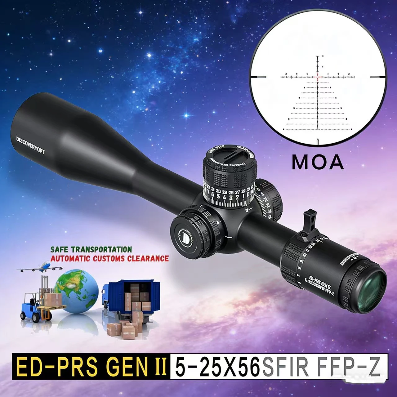 Telescopio Discovery ED-PRS GEN2 5-25×56 con Tubo de 34mm, Montura Directa de Cola de Golondrina con 11 Puntos de Sujeción, Retícula Frontal FFP-Z HD a Prueba de Golpes