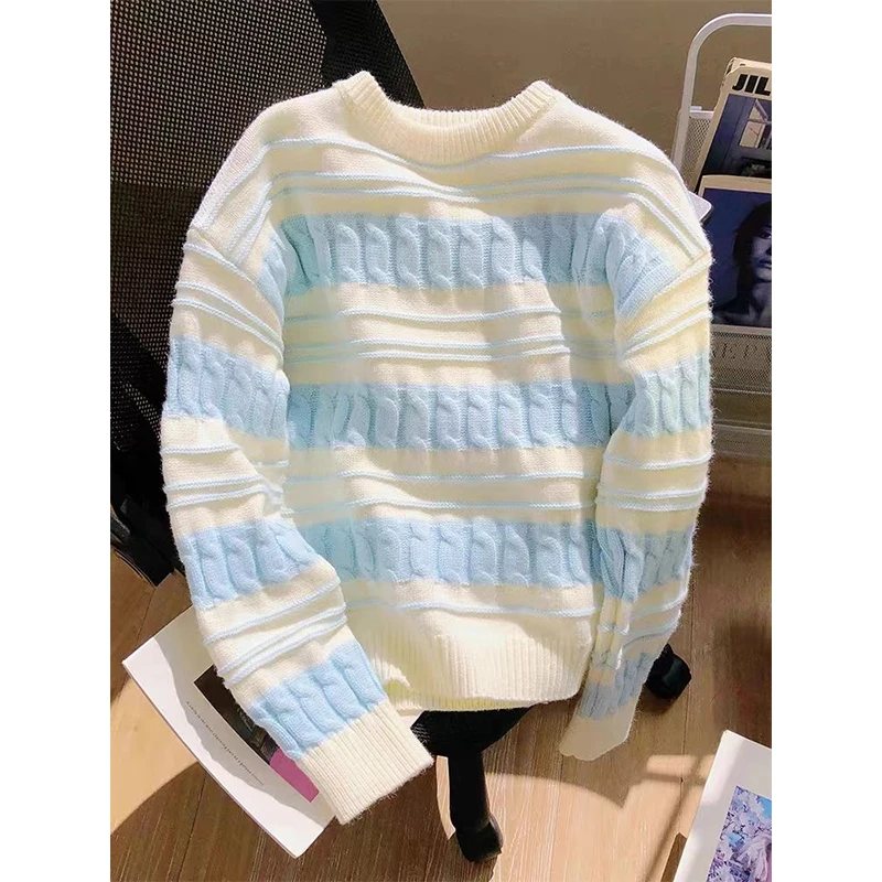 Fashion Striped Loose Sweater Women Autumn Winter O-neck Long Sleeve Knitwear Simplicity All-match Refreshing Knitting Tops