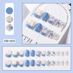 24 Pcs Kawaii Clouds Design Fake Nails with 3D Heart Charms Blue French Short Square Press On Nails with Adhesive Nail File Set