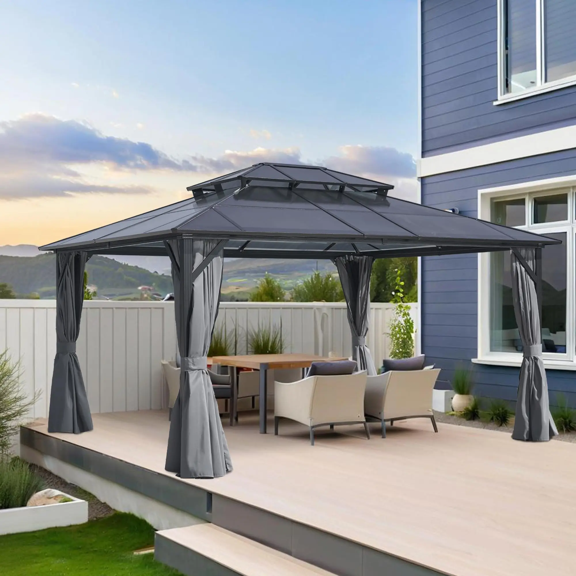 Pérgola de doble techo personalizable al por mayor, gazebo de techo rígido para jardín, patio, terraza o patio trasero.