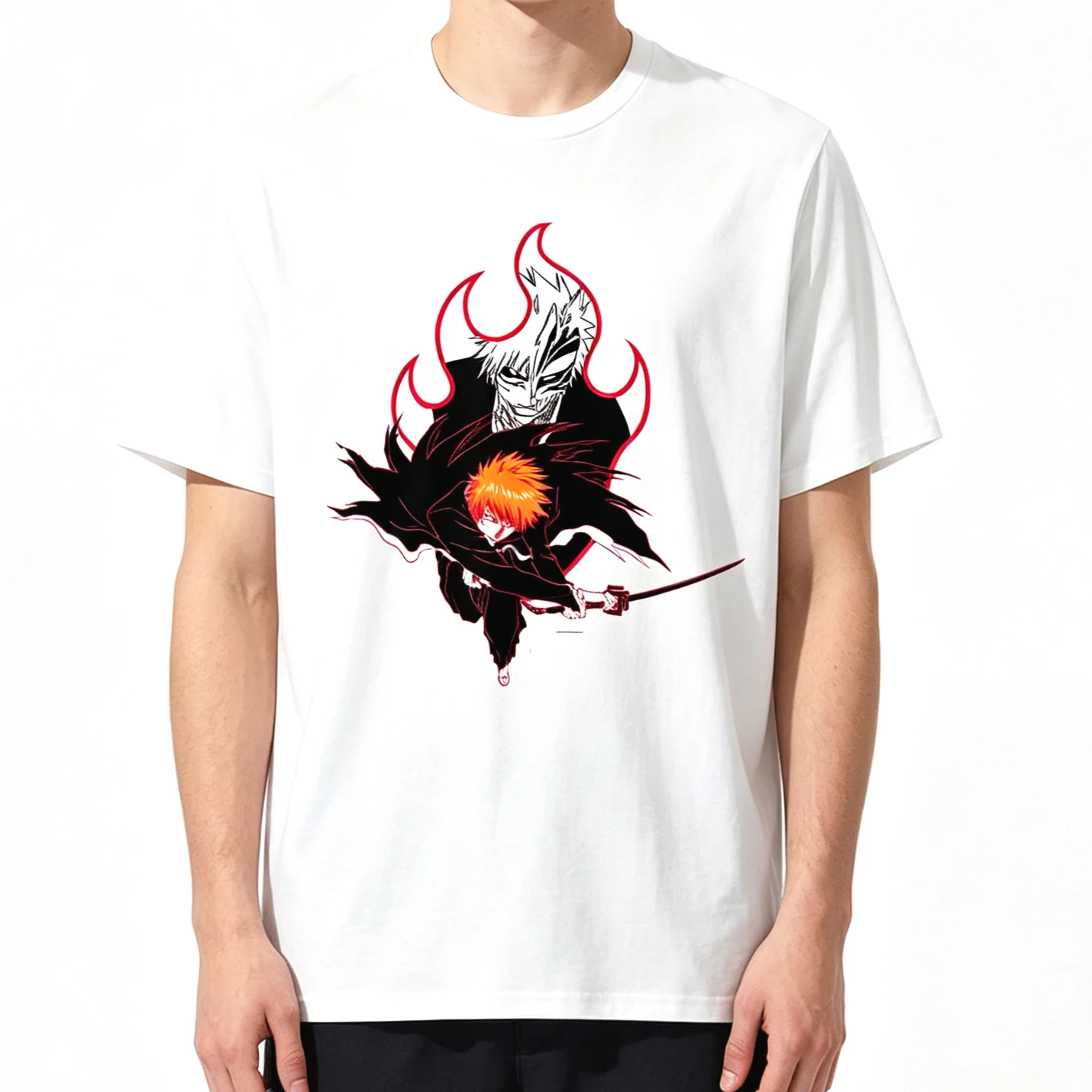 2026 Hot Sale Bleach Ichigo Flame Outline Hallow Transform Anime T-Shirt Unisex Vintage Top Hip Hop Streetwear Oversized Tshirt