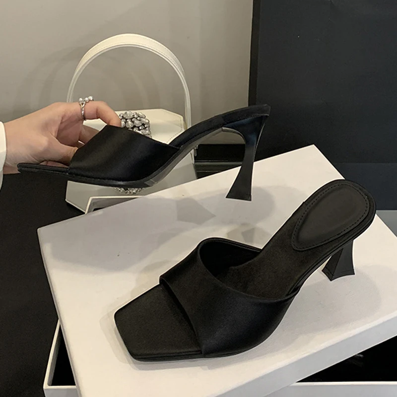 Liyke High Quality Cozy Silk Wide Square Toe Women Slippers Sandals Strange Heels Mules Slides Summer Party Dress Shoes Brown