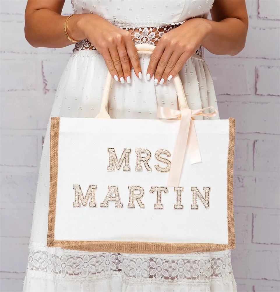 Bride Tote bag, Bride Gift, Bridal shower gift, Bachelorette bags, Honeymoon beach bag, Mrs Custom Bag, Customized Bride Bags-wh