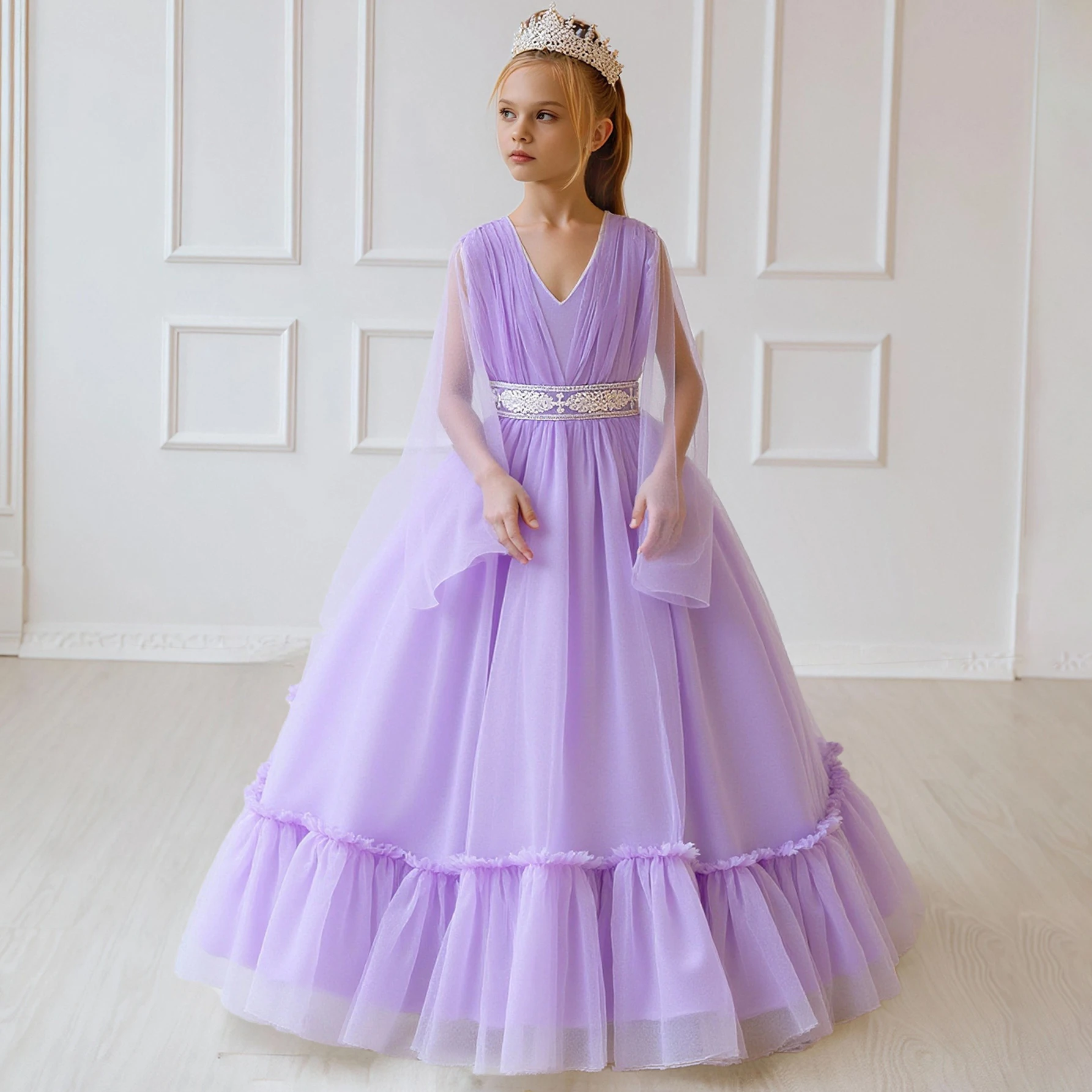 

Fashion Tulle Wedding Party Girl Dress Elegant Bow Bridesmaid Princess Dresses for Kids Gala Bow First Communion Evening Costume