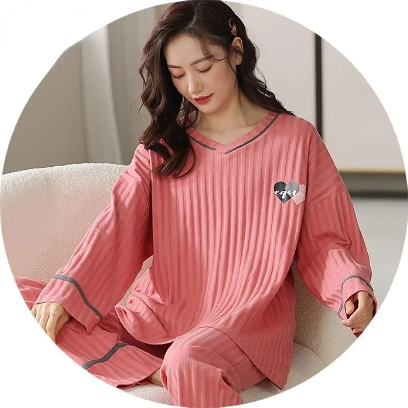 2024 New Pure Cotton Pajamas Women Spring Autumn Long Sleeved Sleepwear Round Neck Pullover Loungewear Loose Large Size Homewear