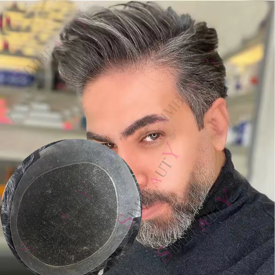 

1b40 Grey Men Black Brown Australia Breathable Swiss Lace PU Base Toupee Wigs Undetectable European Hair Unit Replacement System