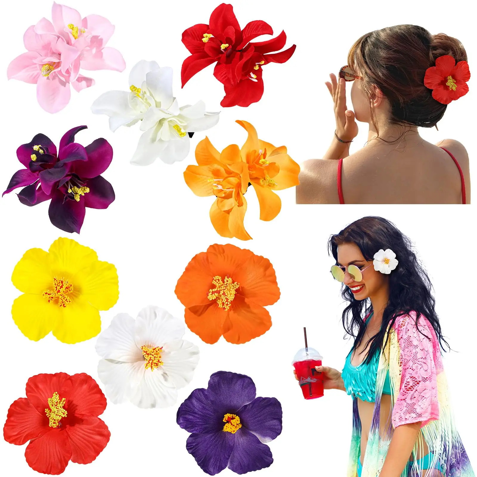 

Dowell 10 Pcs Hawaiian Flower Hair Clips for Women Plumeria Hibiscus Hair Clips Flower Clips for Vacation Party Beach Seaside