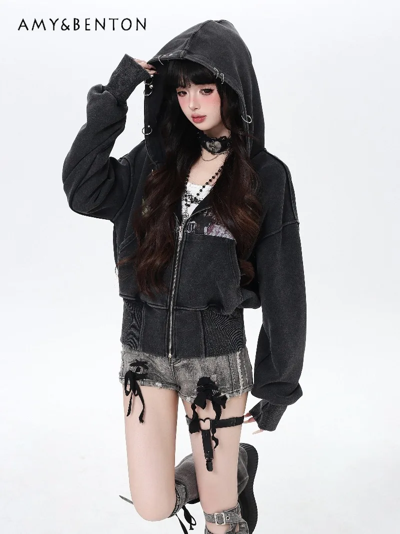 

Американская ретро-куртка с капюшоном, с эффектом потертости, в стиле Харадзюку, с готическим принтом, свободного кроя, для женщин