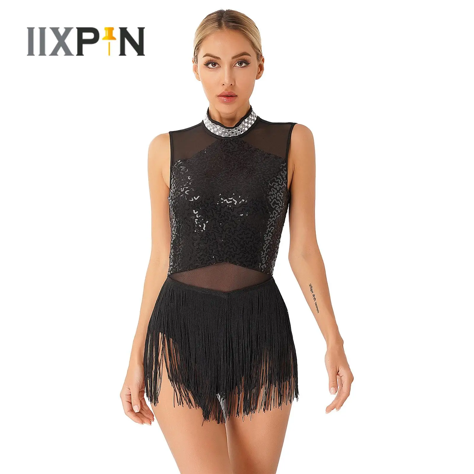 

Womens Latin Tango Rumba Dance Dress Shiny Sequin Rhinestone Fringed Leotard Mesh Splice Cha-Cha Samba Stage Performance Costume