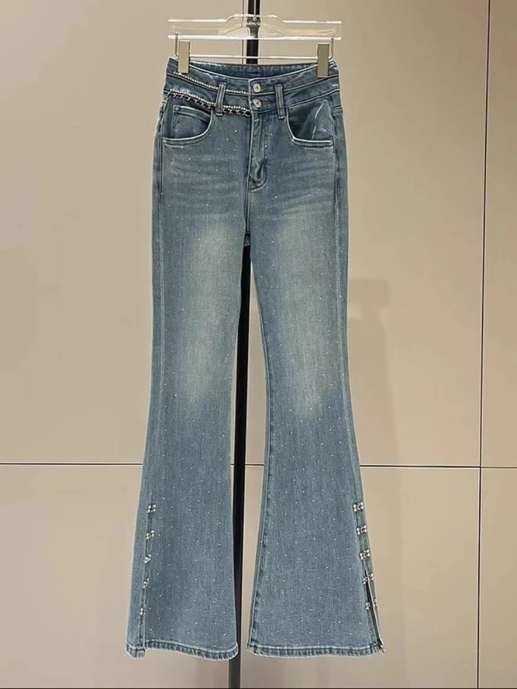 Mode Split Denim Broek 2025, Herfst Winter Nieuwe Hoge Taille Vrouwen Broek Slanke Zware Hot Diamond Elegante Flare Jeans dames