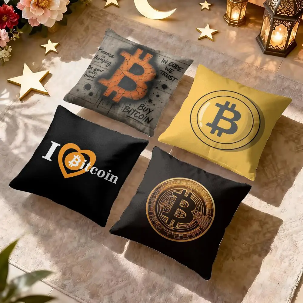 Bitcoin Cryptocurrency Btc Cushion Cover Soft Plush Fabric Double-Sided Printed Pillowcase for All Seasons Home Decor