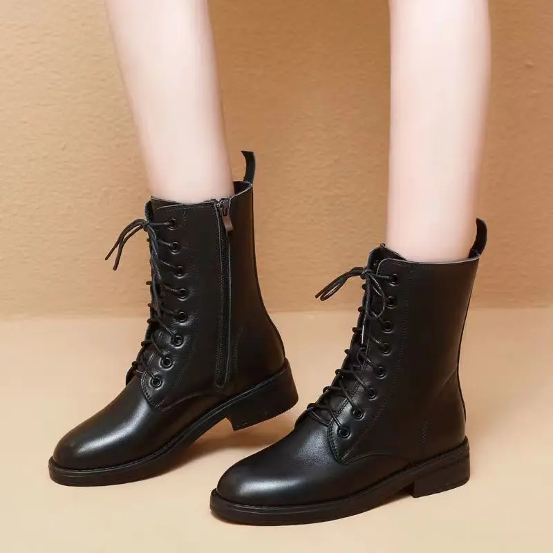 Fashion Pointed Toe Women Versatile Leather Boots Non-slip Chunky Heels External Wear Trend Shoes Black Lace Up Female Boot