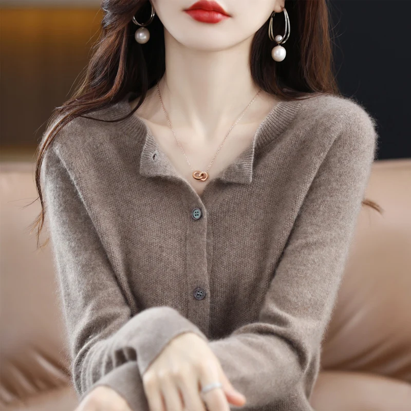 100% Wool Cardigan Spring New Single-Line Ready-To-Wear Knitted Shirt Korean Fashion Women\'s Sweater Cashmere Sweater Thin Top