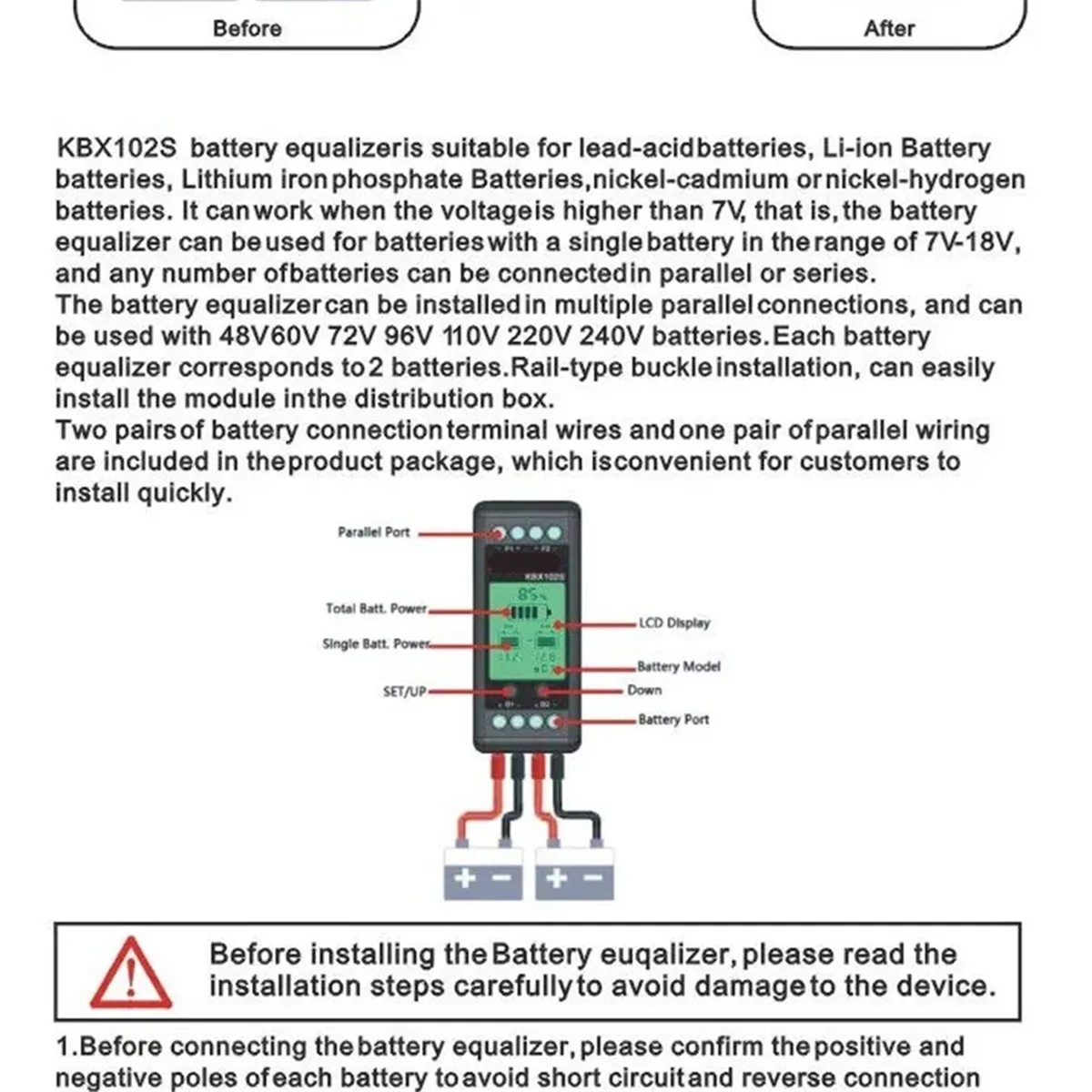 SMIEA KBX102S Voltage Controller Battery Equalizer Batteries Monitor Balancer Lead Acid Li-Ion Connect Series 24 36 48 60 96 V