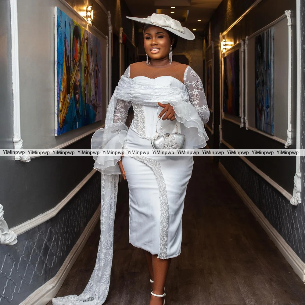 Civil Wedding Dresses O-Neck Full Sleeve Lace Bride Gowns For African Women Mermaid Beaded Corset vestidos de novia Customized