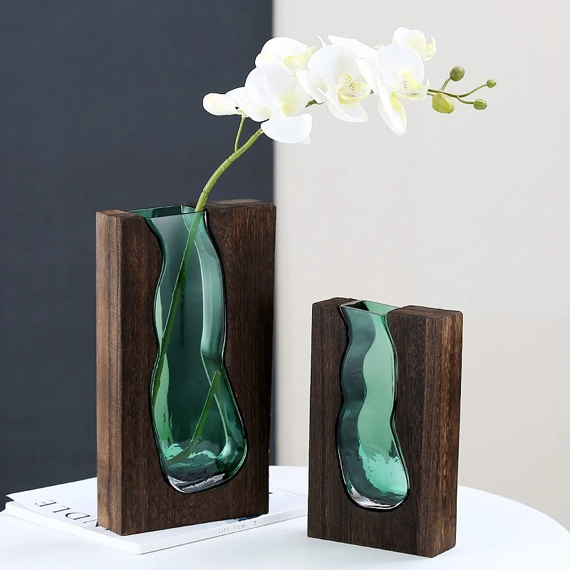 Nordic Wooden House Glass Vase Wooden Pallet Hydroponic Green Plants Fresh Flowers Desktop Living Room Decoration