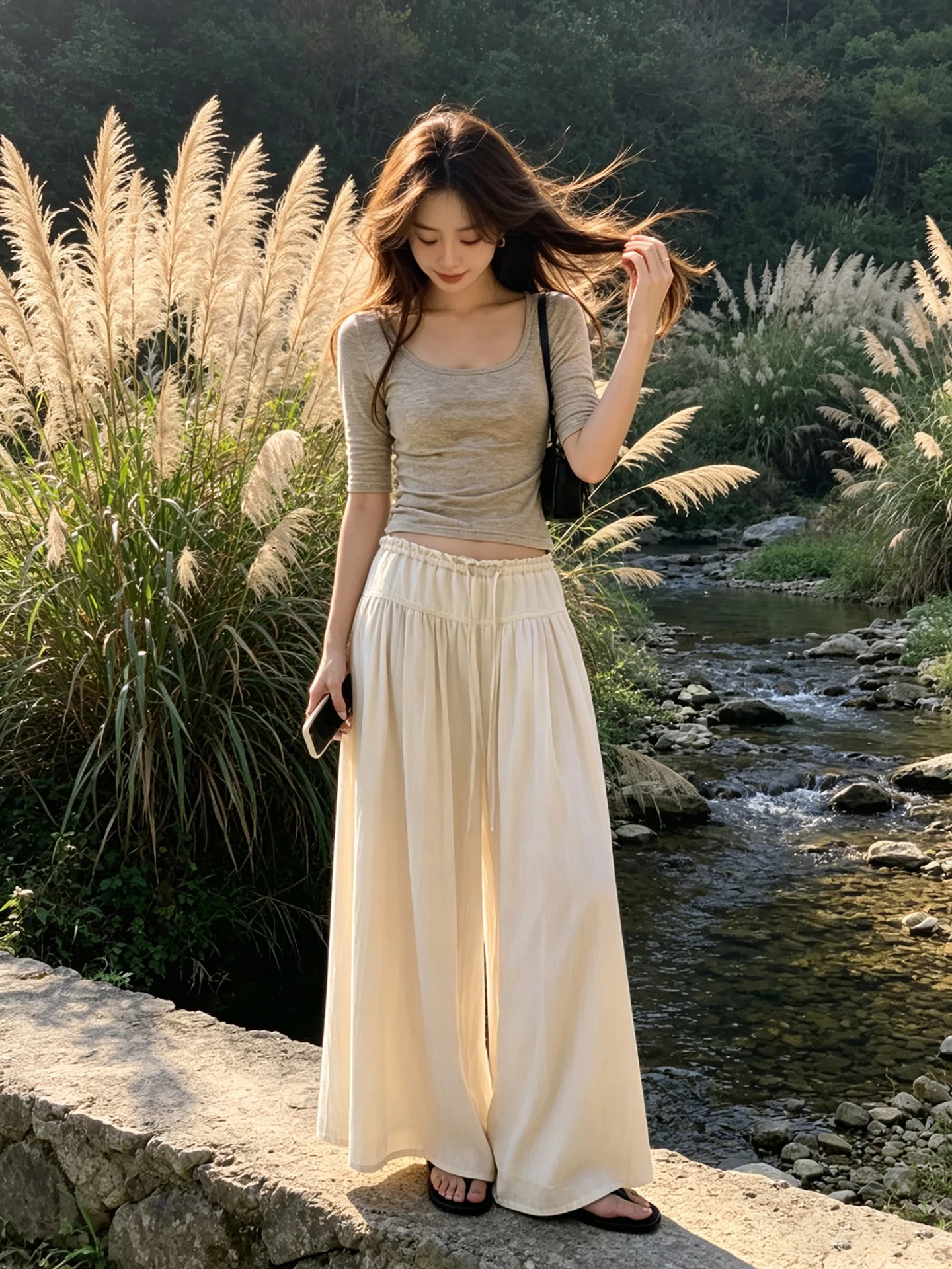 

Ladies High Waist Loose Wide Leg Pants Wooden Casual Pants Thin Summer Trousers Draped Style Fashionable Loose Fit