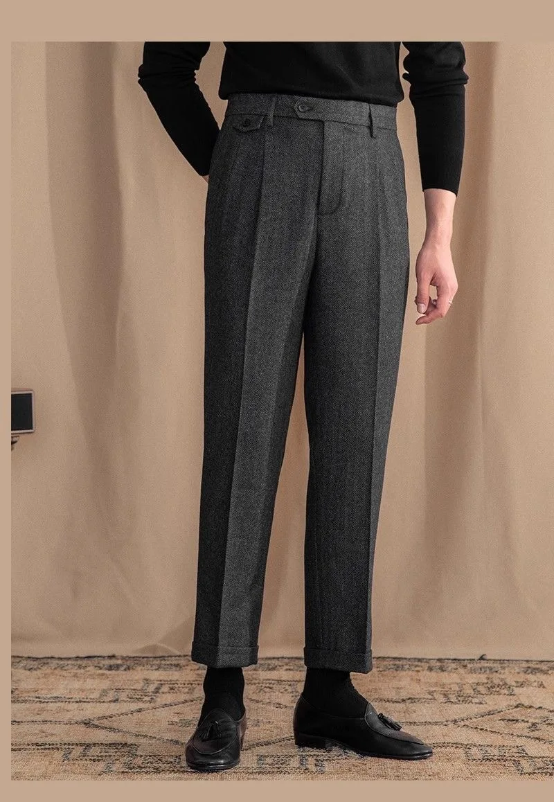Italian Vintage Suit Pant For Men Autumn Winter Wool Herringbone Pattern Straight Trousers British Style Business Casual Pants