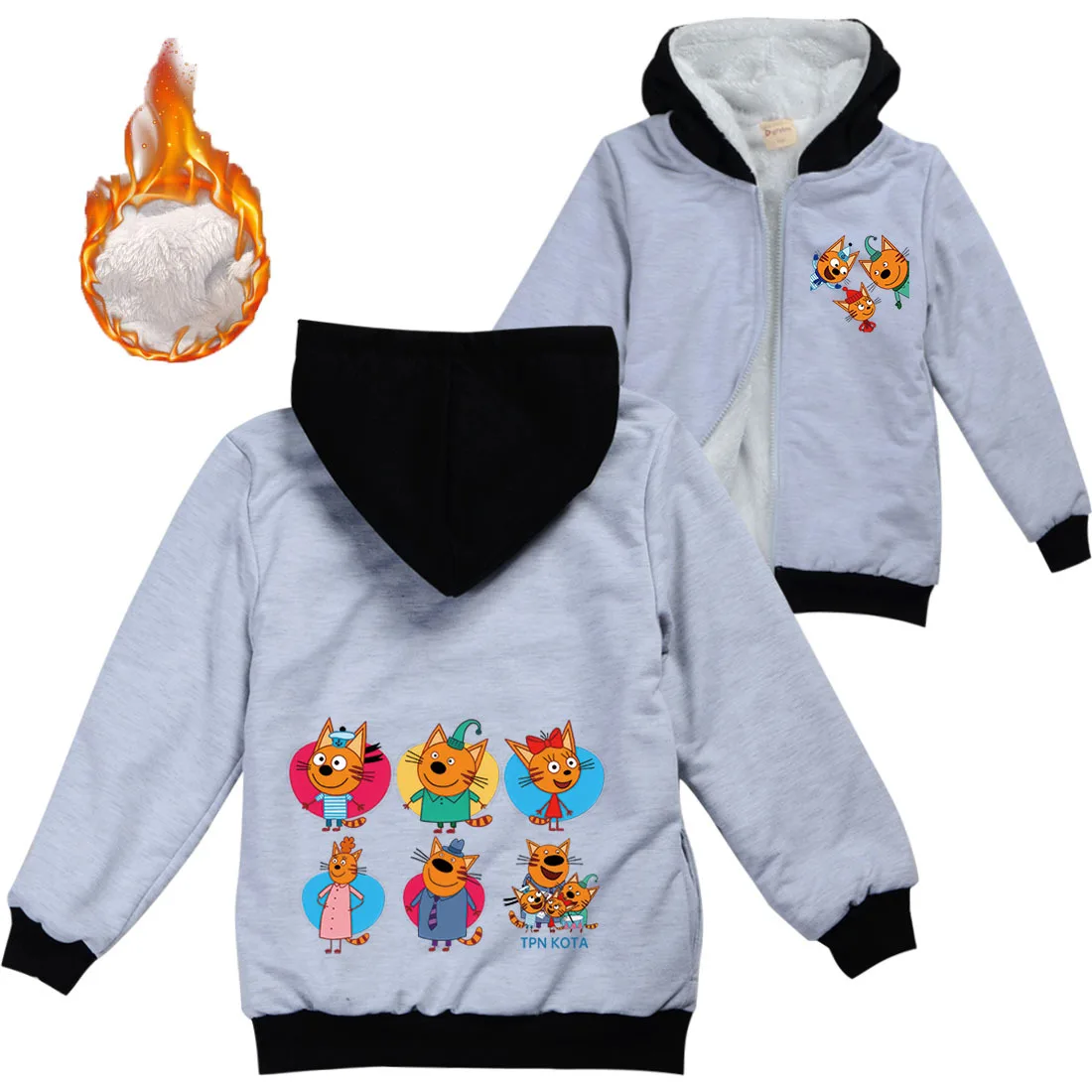 Russian Kid-e-Cats Kids Three Happy Kittens Clothes Girls Winter Warm Jackets Boys Velvet Outerwear Children Hooded Zipper Coat