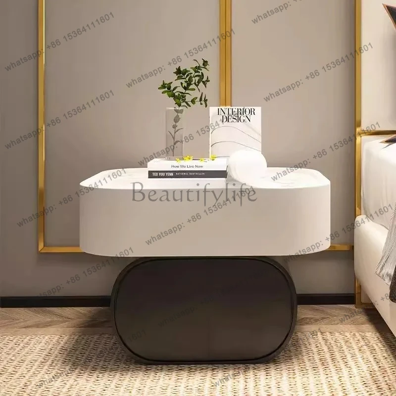 light luxury high-end solid wood bedside table simple modern round rock slab minimalist creative bedside cabinet