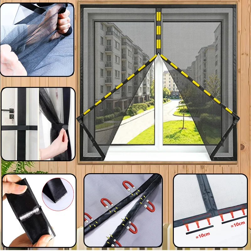 Magnetic Gauze Window Mosquito Net Screen Window Black Invisible Insect Mosquito Net Customized Size Fiberglass Self Adhesive