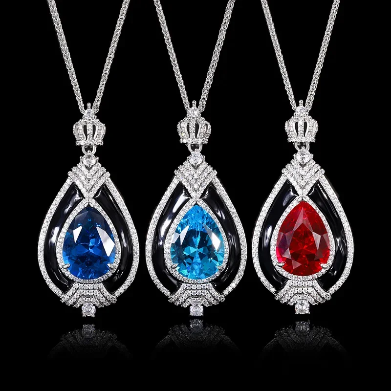 Luxury Teardrop Pendant Necklace with Crown Design Blue Red Gemstone Elegant Crystal Zircon Chain Perfect for Women Party Gift