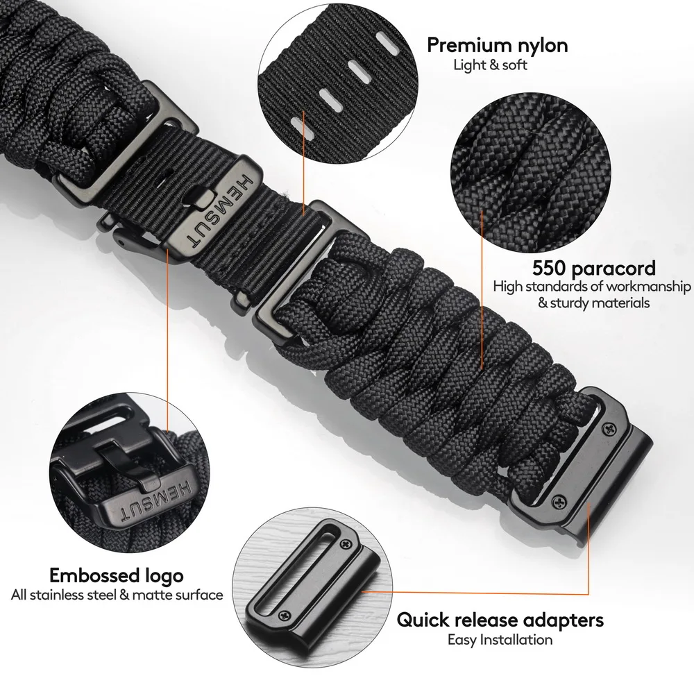 HEMSUT Watch Band For Garmin Quickfit 22/26mm Nylon Braid 550 Paracord Wrist Straps Compatibilty Tactix Marq Instinct