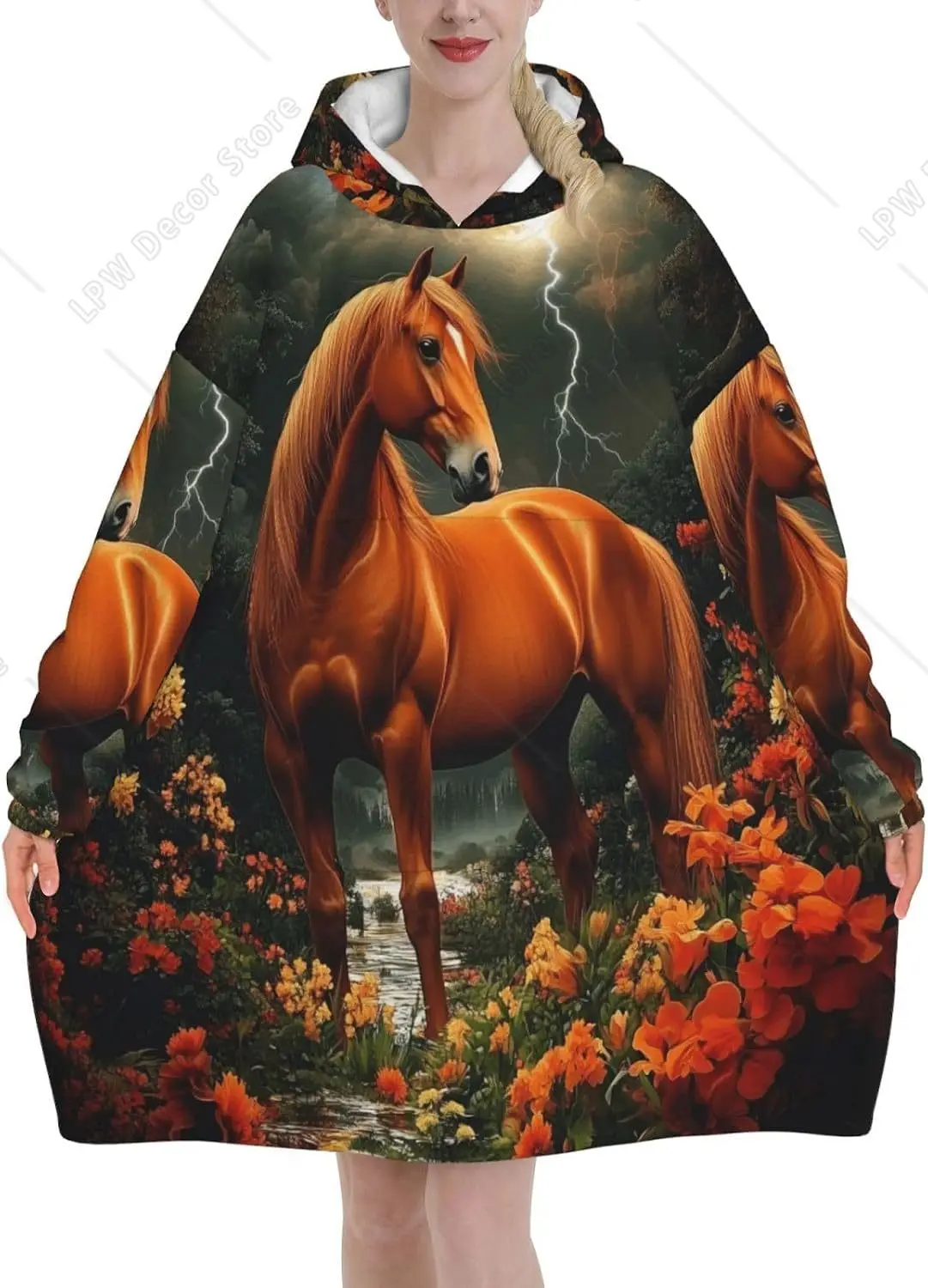 Horse Flower Tree Pattern Wearable Blanket Hoodie Oversized Sweatshirt Blanket Cozy Warm Sherpa Hooded Blanket With Pocket