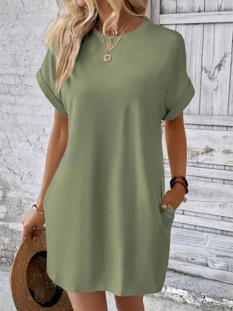 Fashion Pure Colors Dress Women's Pocket T-shirt Style Mini Dresses Summer Casual Loose Dress Vestidos