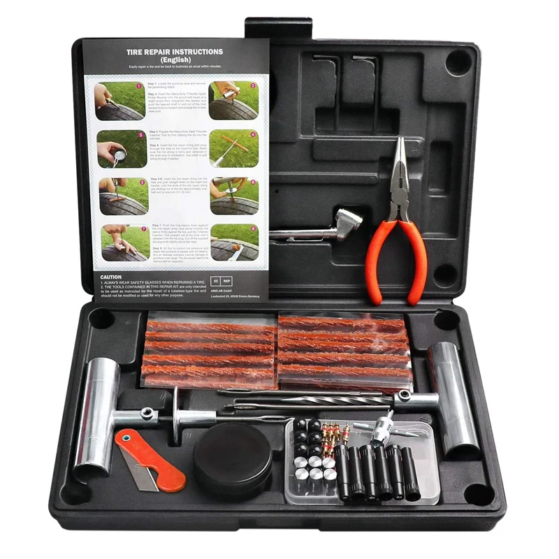 87Pcs Auto Tire Repair Kit Heavy Duty Tubeless Car Tire Repair Tool For Car, Truck, Caravans, Trailer, Camper,Motorcycle