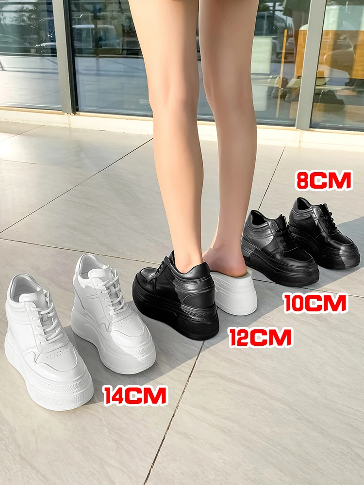 

14cm Super Height Increasing Shoes Women Elevator Shoes Genuine Leather 10cm Chunky Platform Sneakers White Black Casual Shoes