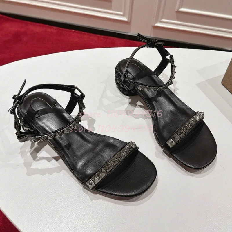 Brown Rivet Weave Chunky Heels Sandals Women Black Round Open Toe Buckle Strap Heels 2025 Sexy Fashion Party Summer Casual Shoes
