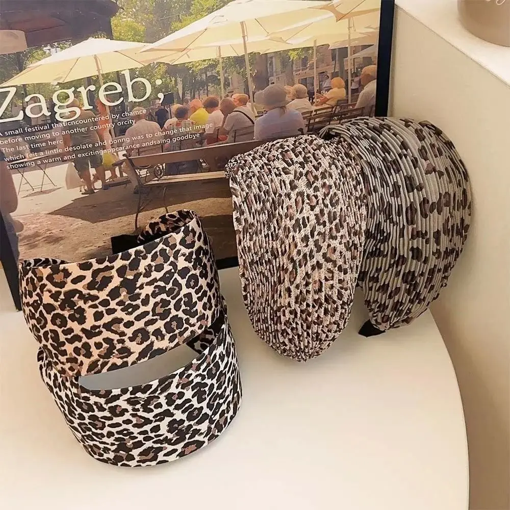 

Новые высококачественные ультра широкие повязки на голову, тканевые модные аксессуары для волос, осень-зима, плиссированная повязка для волос с леопардовым принтом для женщин и девочек