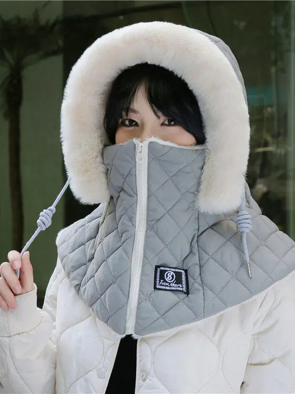 thickened-plush-ear-protection-hat-women's-fleece-windproof-warm-hat-scarf-integrated-outdoor-cycling-cold-resistance-mask