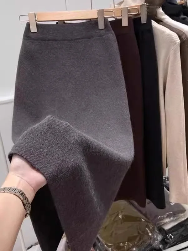 

Женская трикотажная юбка из овечьей шерсти с высокой талией, прямая юбка-труба, облегающая юбка средней длины с открытой промежностью