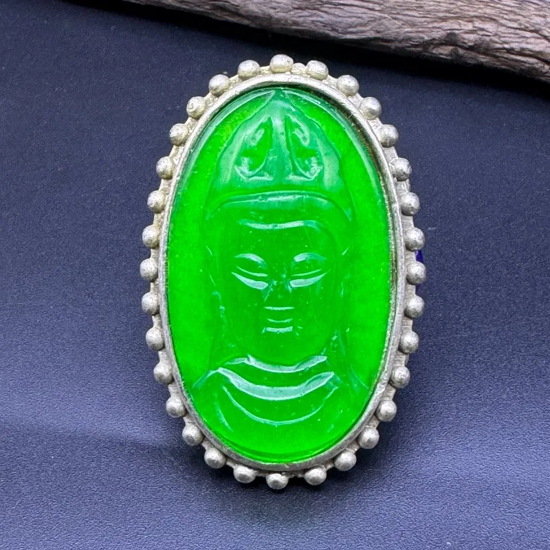 Vintage Tibetan Silver Ring, Carved Green Jade Kwan Yin Oval Statement Ethnic Retro Women Ring