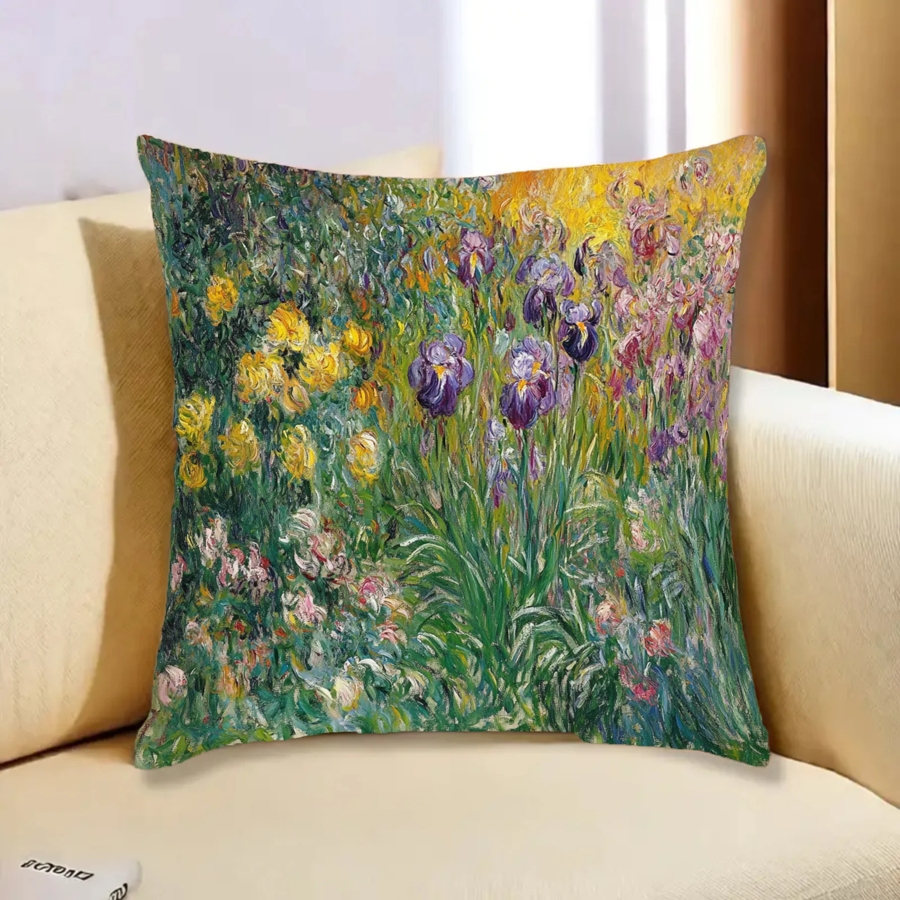 Monet Iris Flower Throw Pillow Cover Vintage Impressionism Art Print Decorative Cushion Cover for Art Lovers Living Room