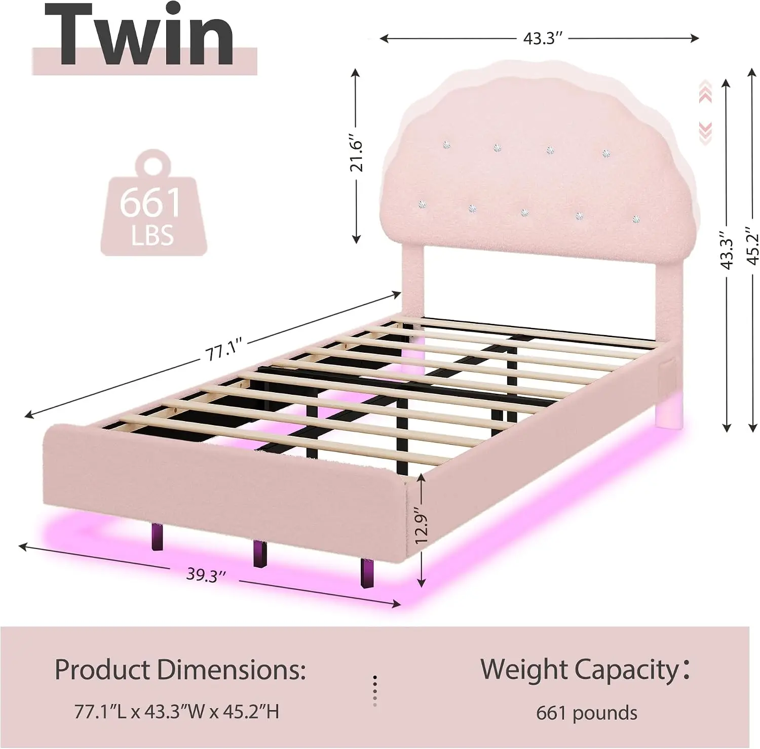 Twin Size Bed Frame Headboard Led Lights Cloud Floating Upholstered Beds Adjustable Headboard Raised Footboard Princess Prince B